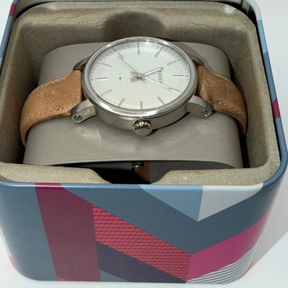 Fossil The Commuter Twist Watch Women Tan Leather Strap Minimalist Analog